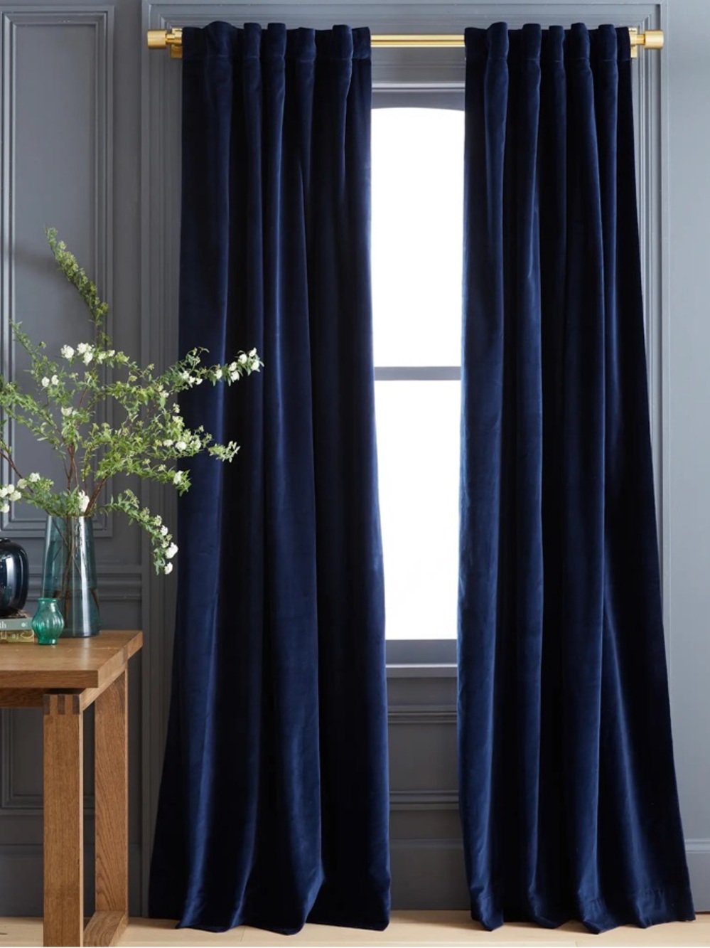 Quince Navy Cotton Velvet Curtain - Single Panel Size: 48x96